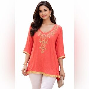 Elegant Coral Tunic with Gold Embroidery
